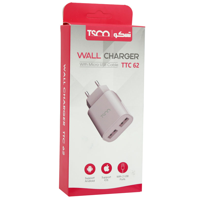 شارژر دیواری TSCO TTC 62 2Port 2.1A + کابل میکرو یو اس بی