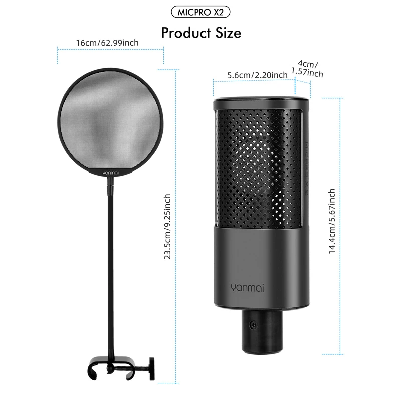 میکروفون کندانسور و پایه لرزشگیر Yanmai Micpro X2 + پاپ فیلتر