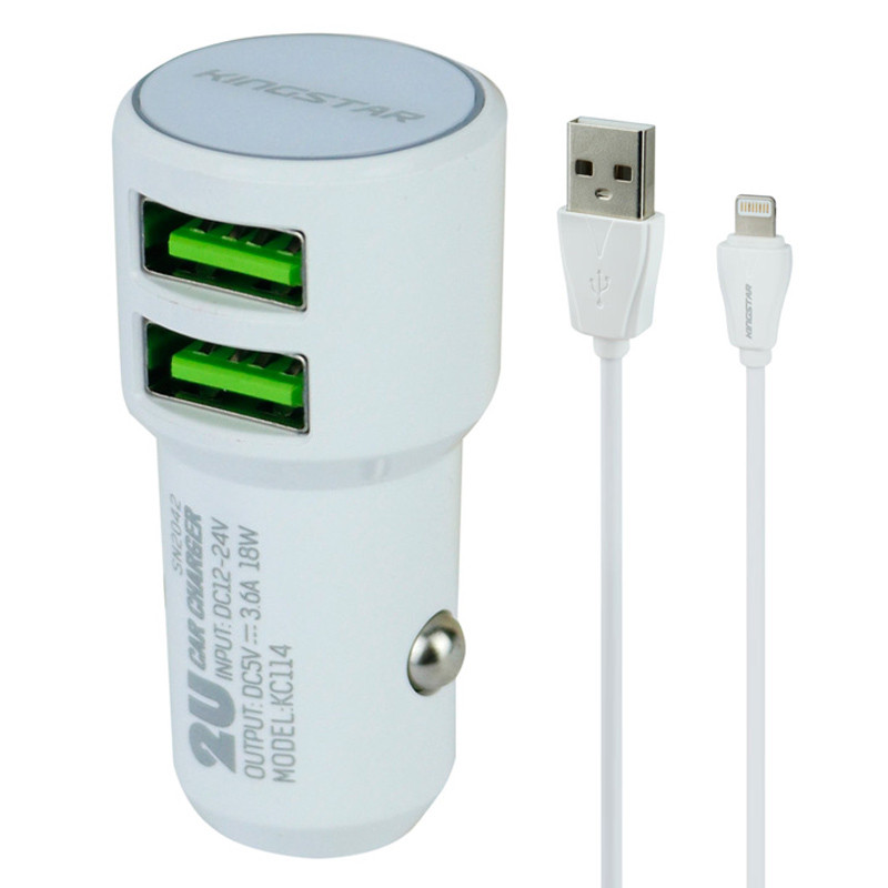 شارژر فندکی فست شارژ KingStar KC114i 3.6A 18W + کابل آیفونی