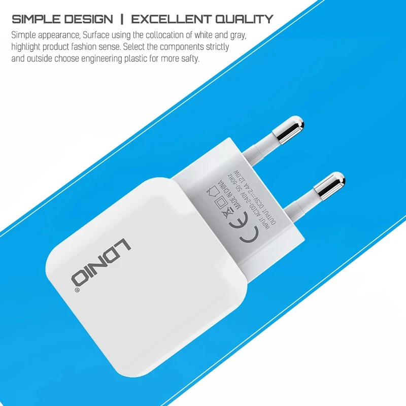 شارژر دیواری فست شارژ LDNIO A2202 2.4A 12W + کابل میکرو یو اس بی