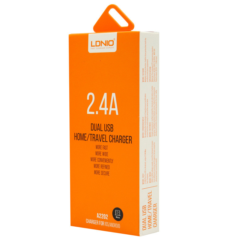شارژر دیواری فست شارژ LDNIO A2202 2.4A 12W + کابل میکرو یو اس بی