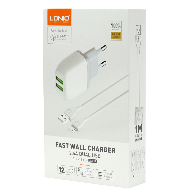 شارژر دیواری فست شارژ LDNIO A2219 2.4A 12W + کابل میکرو یو اس بی