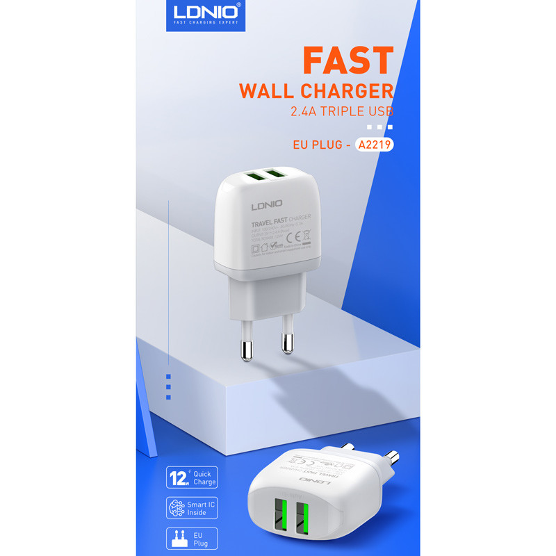 شارژر دیواری فست شارژ LDNIO A2219 2.4A 12W + کابل میکرو یو اس بی