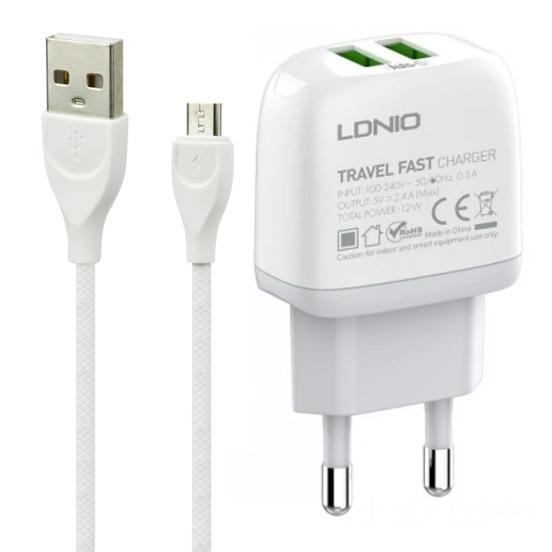 شارژر دیواری فست شارژ LDNIO A2219 2.4A 12W + کابل میکرو یو اس بی