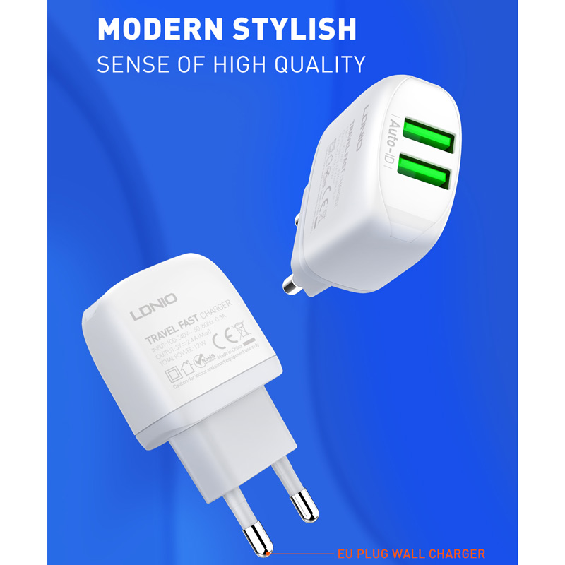 شارژر دیواری فست شارژ LDNIO A2219 2.4A 12W + کابل میکرو یو اس بی