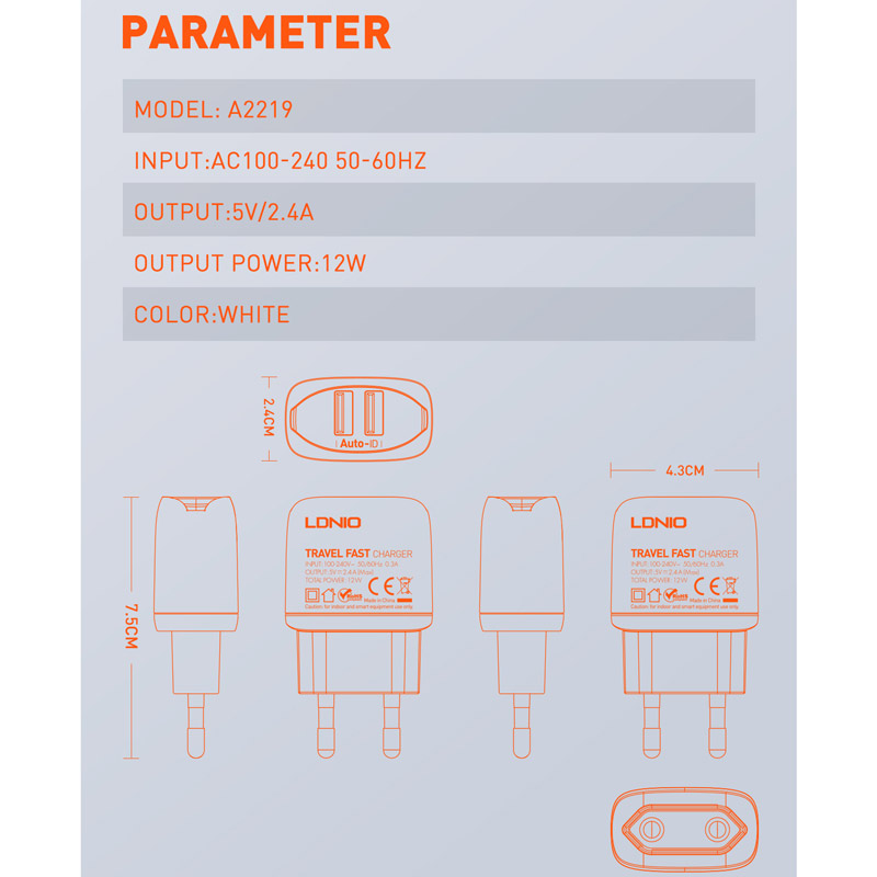 شارژر دیواری فست شارژ LDNIO A2219 2.4A 12W + کابل میکرو یو اس بی