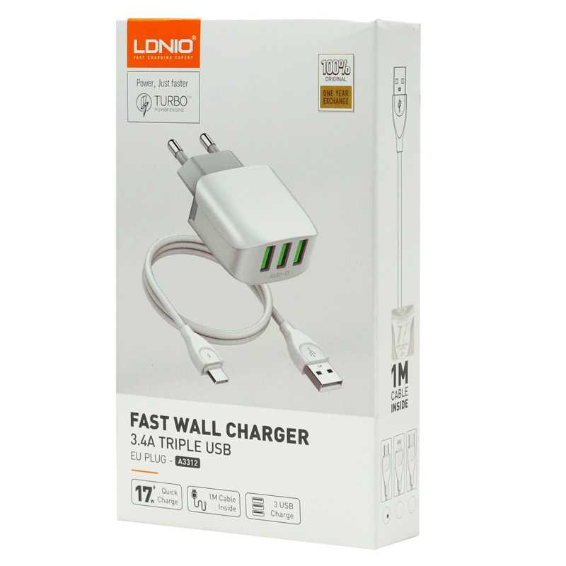 شارژر دیواری فست شارژ LDNIO A3312 3.4A 17W + کابل میکرو یو اس بی