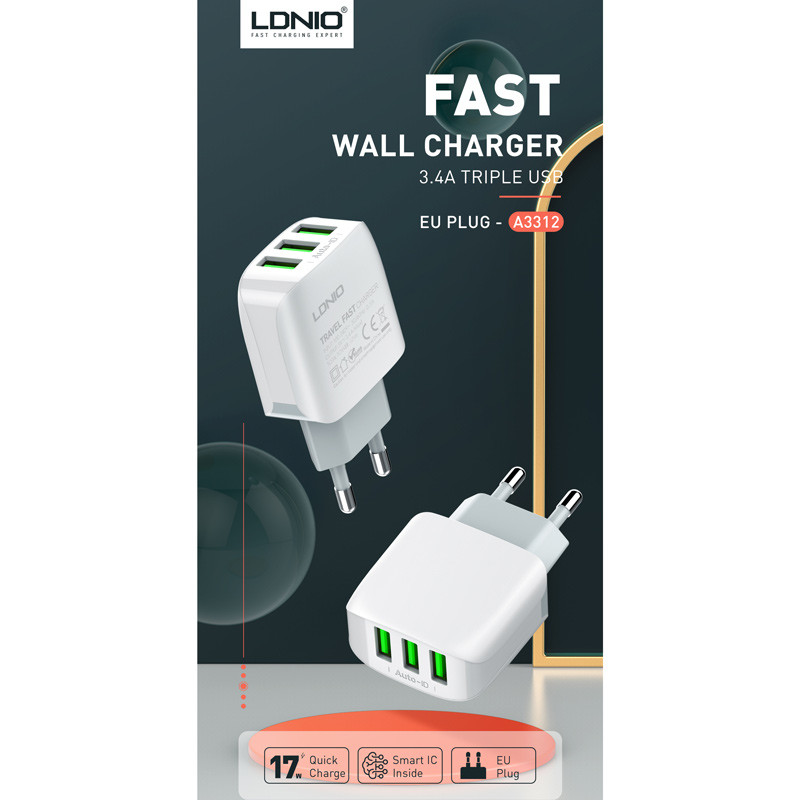 شارژر دیواری فست شارژ LDNIO A3312 3.4A 17W + کابل میکرو یو اس بی
