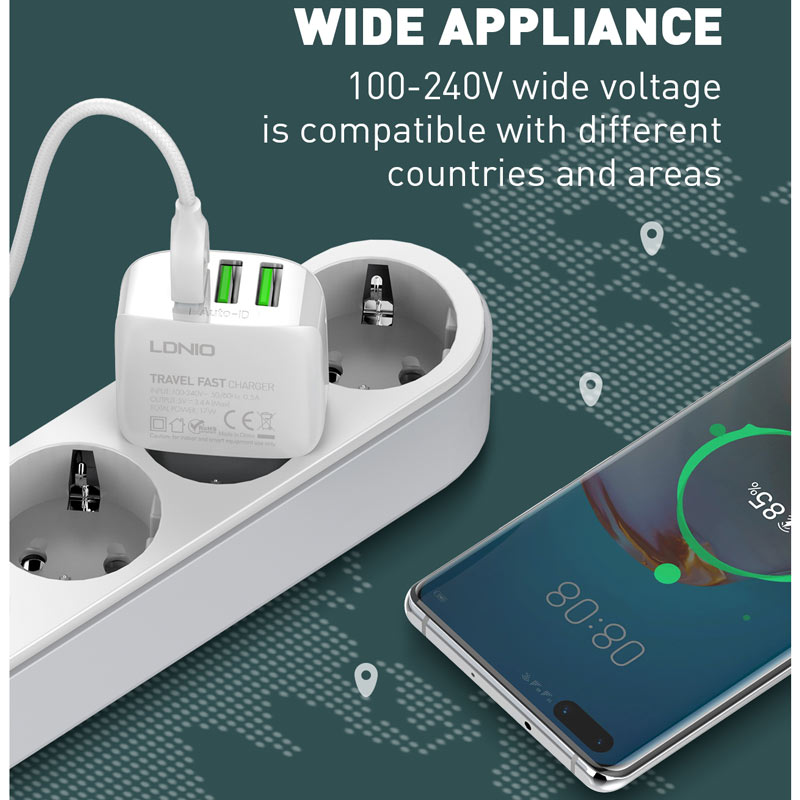 شارژر دیواری فست شارژ LDNIO A3312 3.4A 17W + کابل میکرو یو اس بی