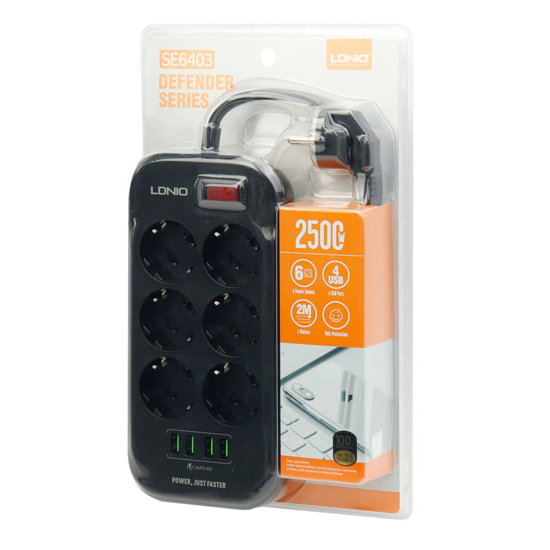 چند راهی 6 خانه برق ارت دار الدینیو LDNIO SE6403 با کابل 2 متری + شارژر USB