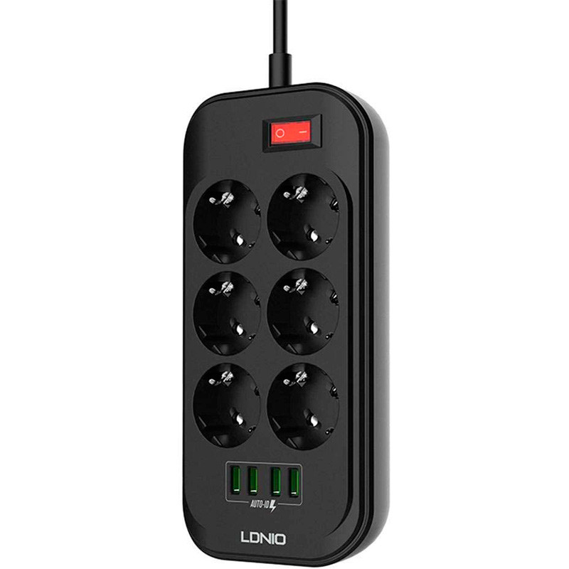 چند راهی 6 خانه برق ارت دار الدینیو LDNIO SE6403 با کابل 2 متری + شارژر USB