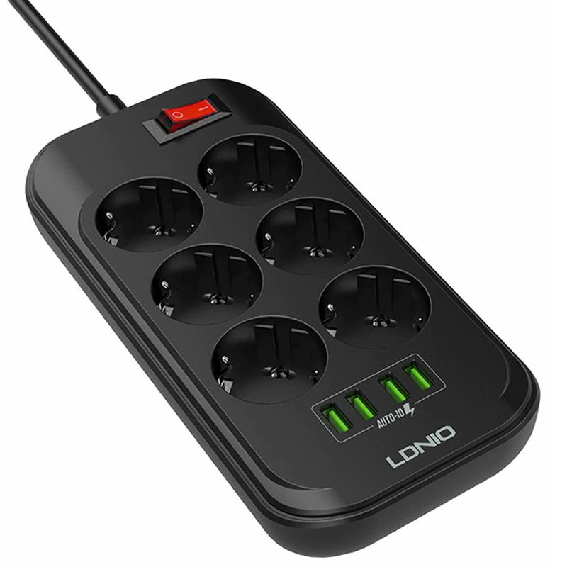 چند راهی 6 خانه برق ارت دار الدینیو LDNIO SE6403 با کابل 2 متری + شارژر USB