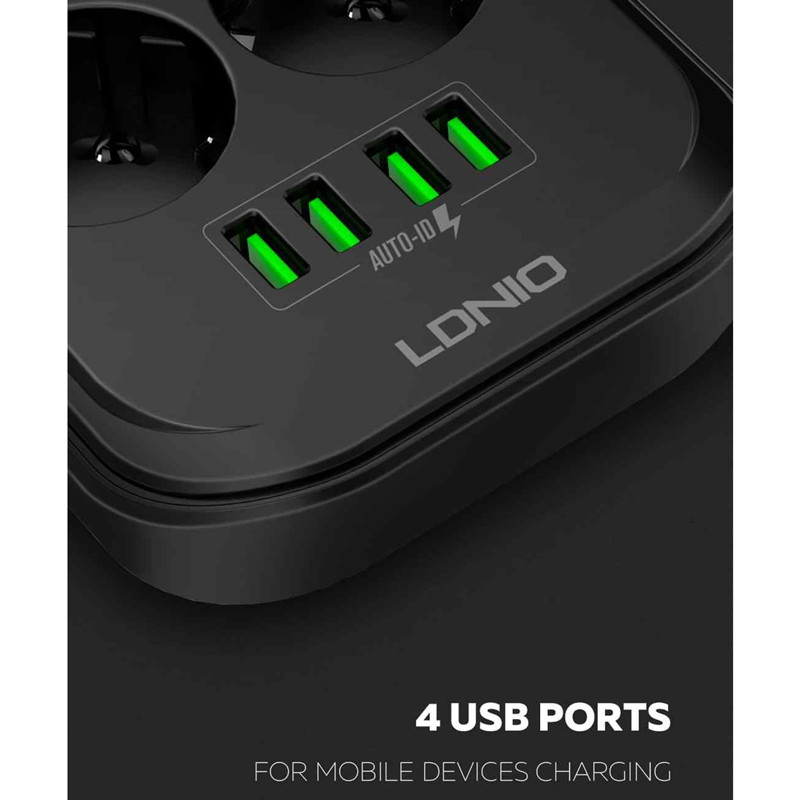 چند راهی 6 خانه برق ارت دار الدینیو LDNIO SE6403 با کابل 2 متری + شارژر USB