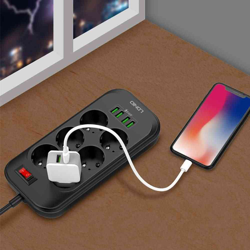 چند راهی 6 خانه برق ارت دار الدینیو LDNIO SE6403 با کابل 2 متری + شارژر USB