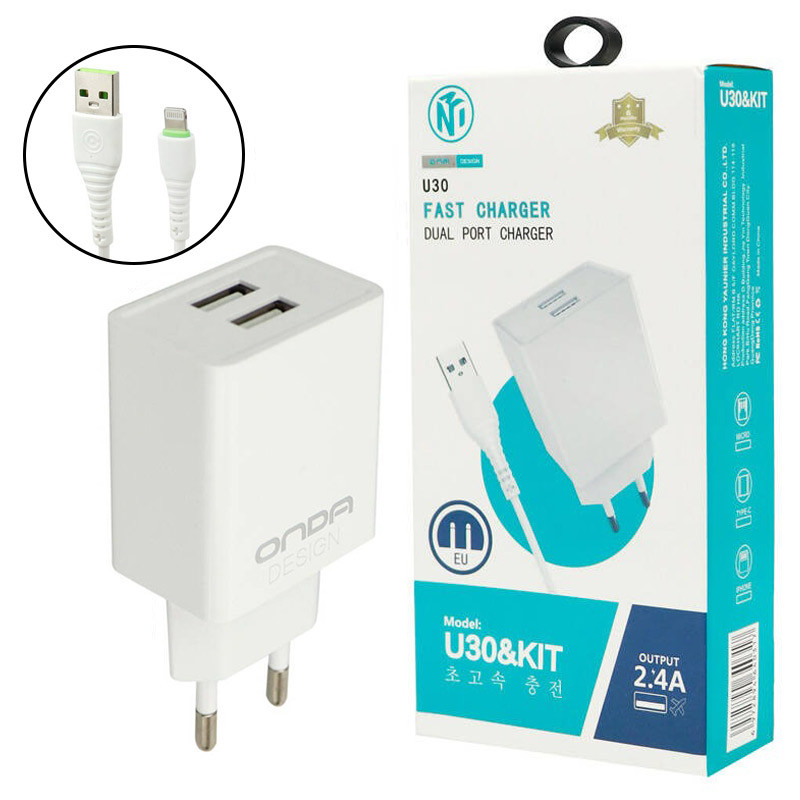 شارژر دیواری فست شارژ ONDA U30&Kit 2.4A + کابل آیفونی