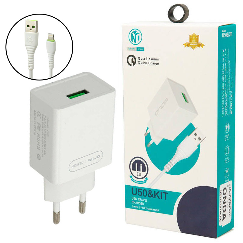 شارژر دیواری فست شارژ ONDA U50&Kit 3A QC 18W + کابل آیفونی