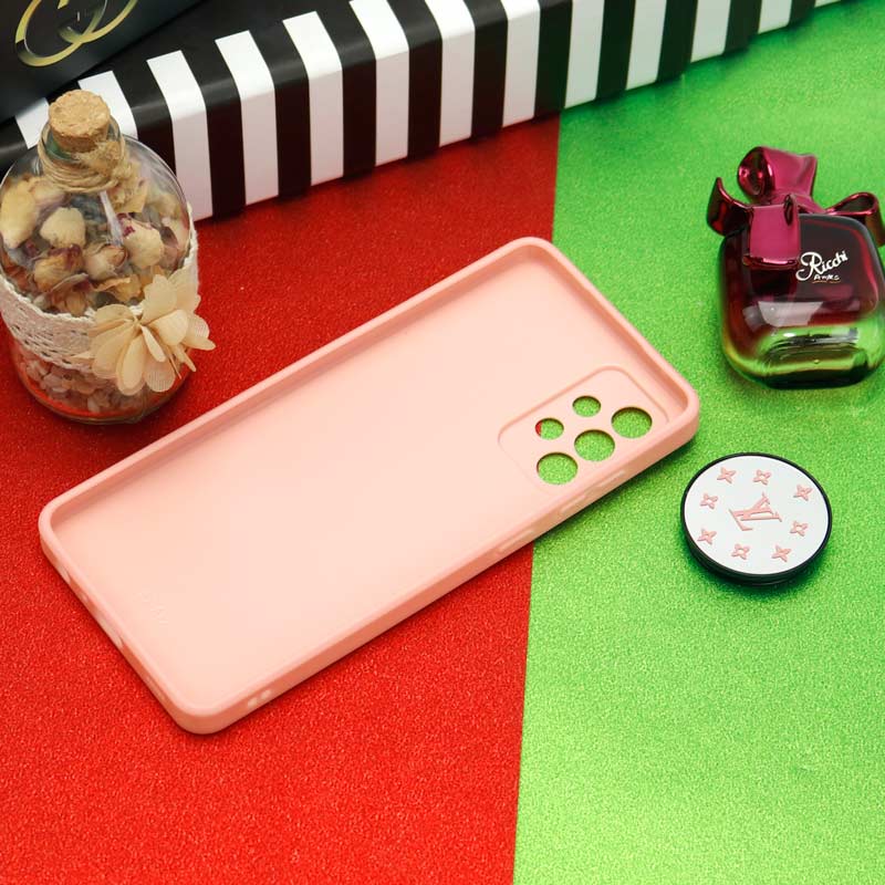 قاب محافظ لنزدار آینه ای + پاپ سوکت طرح LV صورتی Samsung Galaxy A72