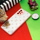 قاب محافظ لنزدار آینه ای + پاپ سوکت طرح LV صورتی Samsung Galaxy A72