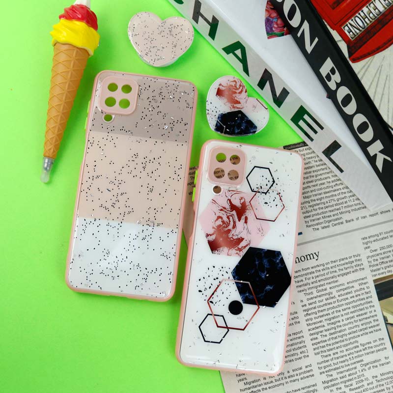 قاب رزینی PC سامسونگ Galaxy A12 پاپ سوکت دار محافظ لنزدار صورتی