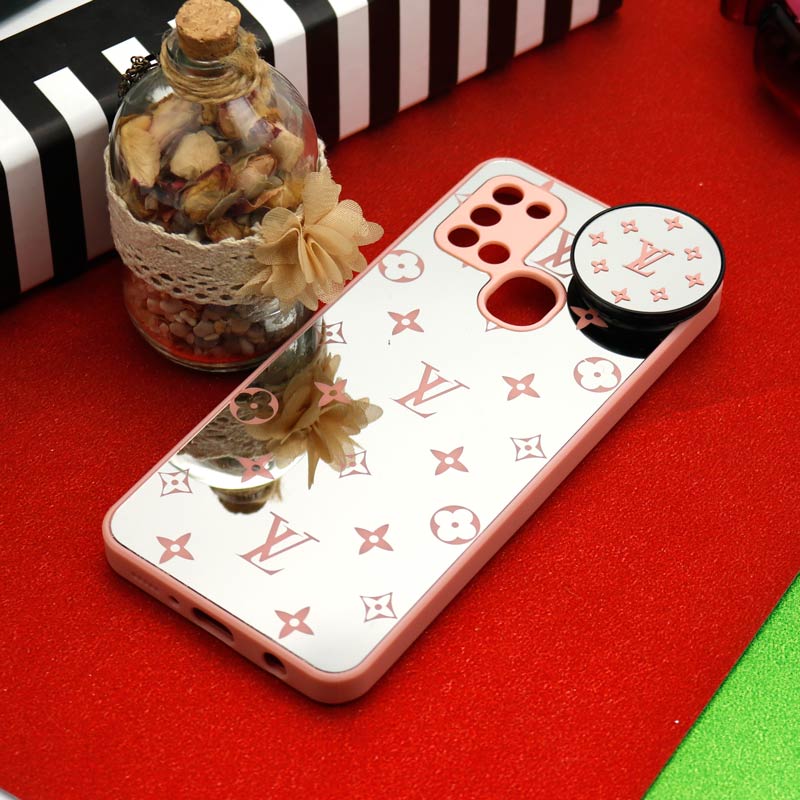 قاب محافظ لنزدار آینه ای + پاپ سوکت طرح LV صورتی Samsung Galaxy A21s