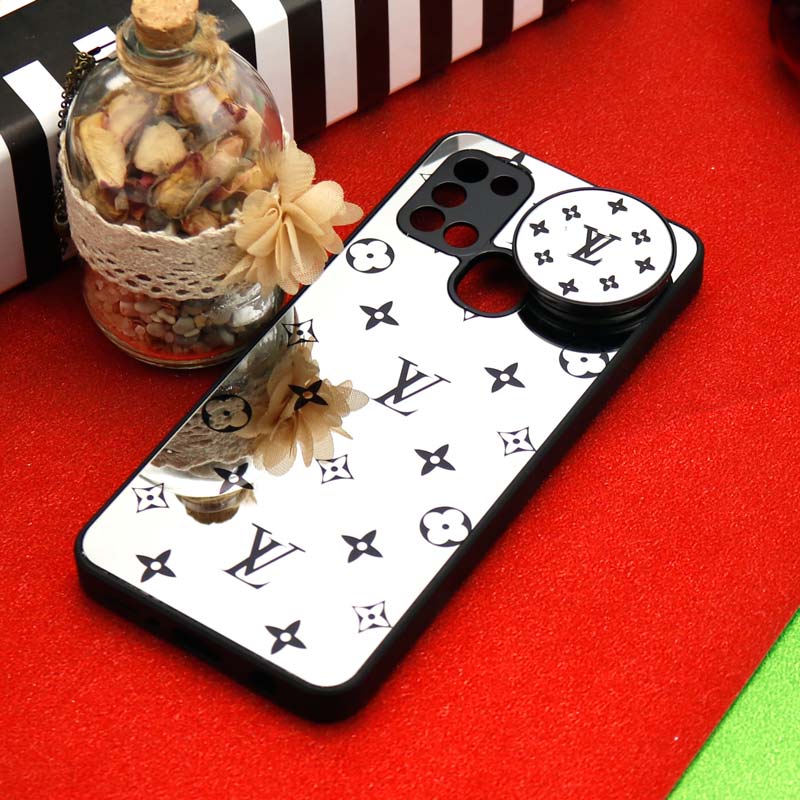 قاب محافظ لنزدار آینه ای + پاپ سوکت طرح LV مشکی Samsung Galaxy A21s