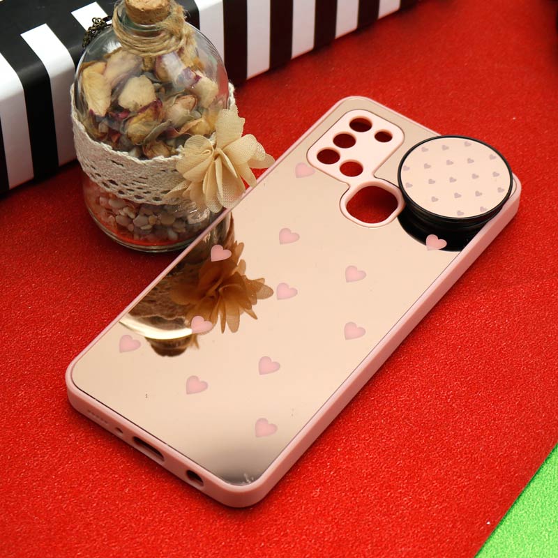 قاب محافظ لنزدار آینه ای + پاپ سوکت طرح قلب صورتی Samsung Galaxy A21s