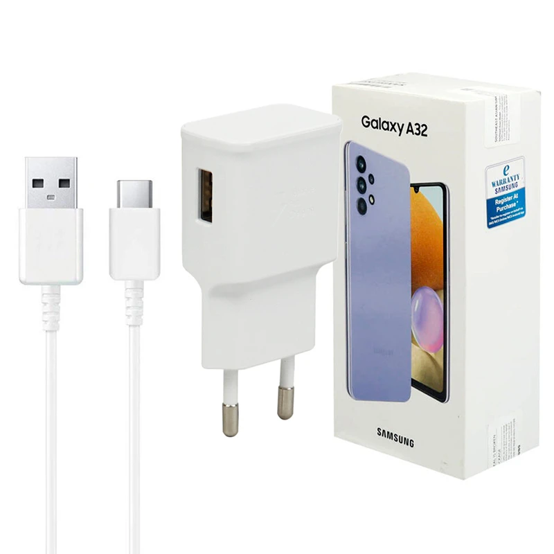 شارژر دیواری 15 وات سامسونگ A32 PD 2A سرجعبه + کابل Type-C و هندزفری و جعبه گوشی