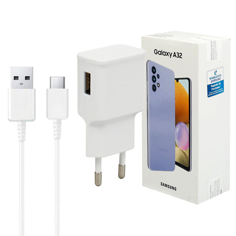 شارژر دیواری فست شارژ Samsung A32 2A PD 15W سرجعبه + کابل Type-C و هندزفری و جعبه گوشی