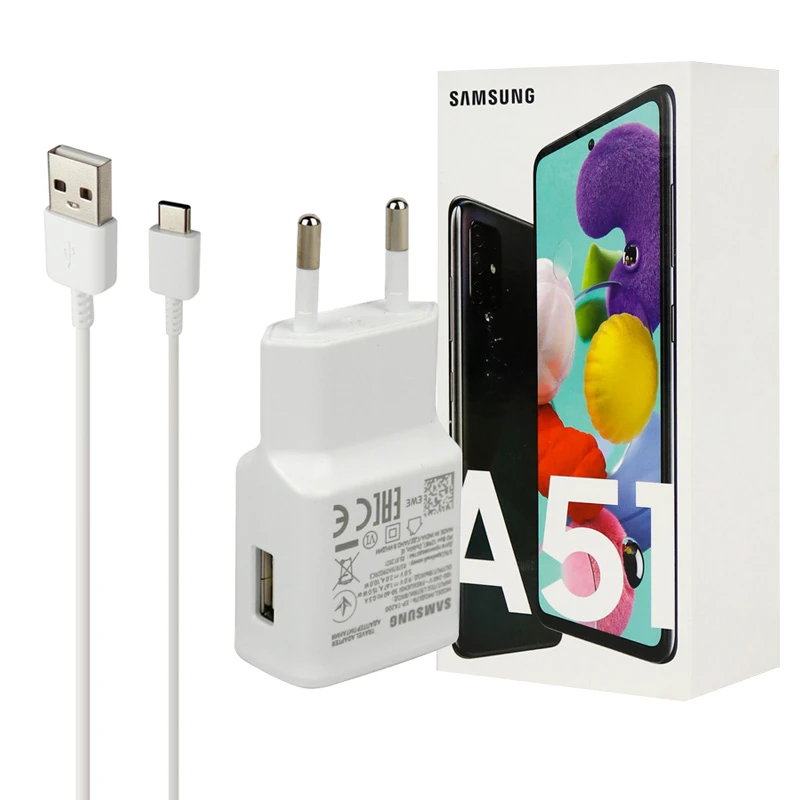شارژر دیواری 15 وات سامسونگ A51 PD 2A سرجعبه + کابل Type-C و هندزفری و جعبه گوشی