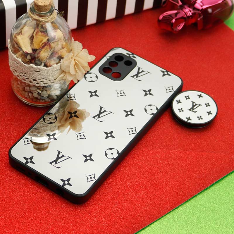 قاب محافظ لنزدار آینه ای + پاپ سوکت طرح LV مشکی Samsung Galaxy A31