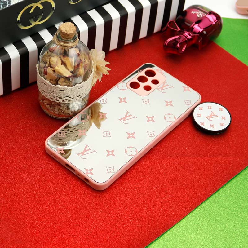 قاب محافظ لنزدار آینه ای + پاپ سوکت طرح LV صورتی Samsung Galaxy A32 4G