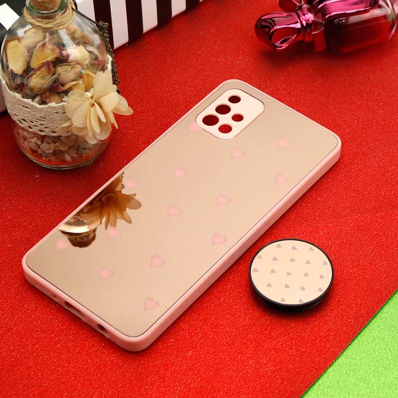 قاب محافظ لنزدار آینه ای + پاپ سوکت طرح قلب صورتی Samsung Galaxy A51