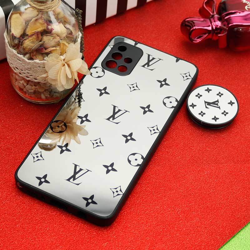قاب محافظ لنزدار آینه ای + پاپ سوکت طرح LV مشکی Samsung Galaxy A51