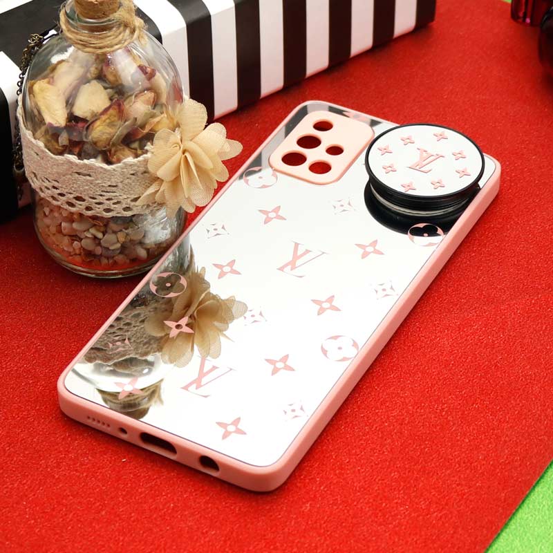 قاب محافظ لنزدار آینه ای + پاپ سوکت طرح LV صورتی Samsung Galaxy A71