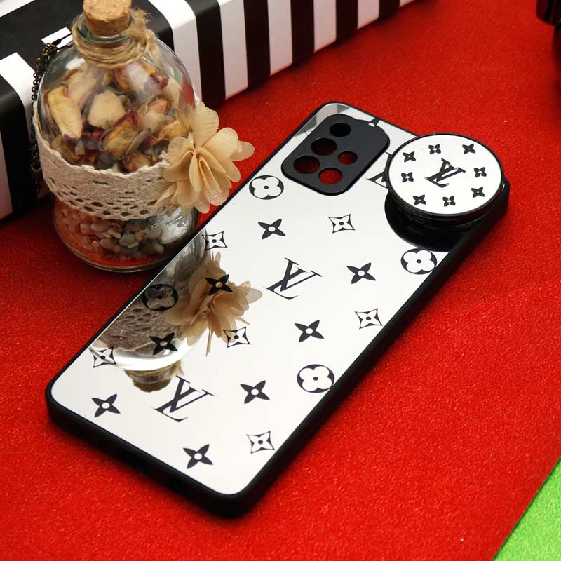 قاب محافظ لنزدار آینه ای + پاپ سوکت طرح LV مشکی Samsung Galaxy A71