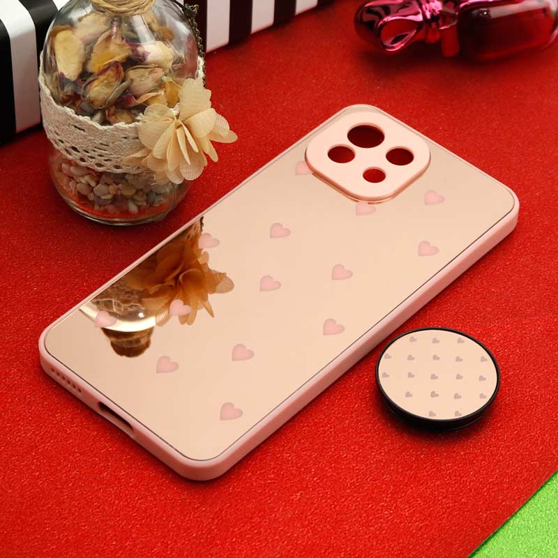 قاب محافظ لنزدار آینه ای + پاپ سوکت طرح قلب صورتی Xiaomi Mi 11 Lite