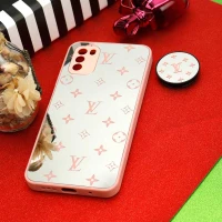 قاب محافظ لنزدار آینه ای + پاپ سوکت طرح LV صورتی Xiaomi Poco M3