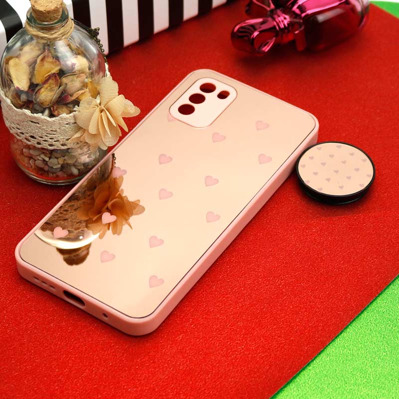 قاب محافظ لنزدار آینه ای + پاپ سوکت طرح قلب صورتی Xiaomi Poco M3