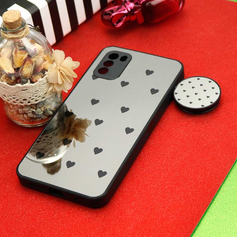 قاب محافظ لنزدار آینه ای + پاپ سوکت طرح قلب مشکی Xiaomi Poco M3