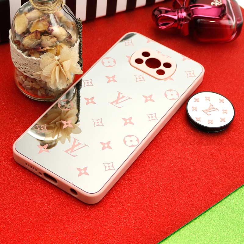 قاب محافظ لنزدار آینه ای + پاپ سوکت طرح LV صورتی Xiaomi Poco X3