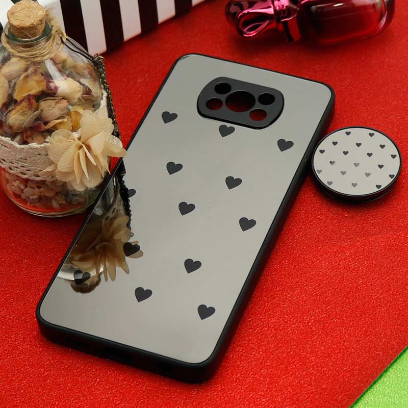 قاب محافظ لنزدار آینه ای + پاپ سوکت طرح قلب مشکی Xiaomi Poco X3