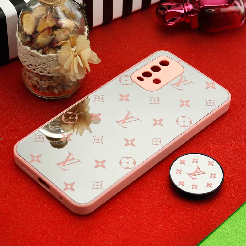قاب محافظ لنزدار آینه ای + پاپ سوکت طرح LV صورتی Xiaomi Redmi 9T
