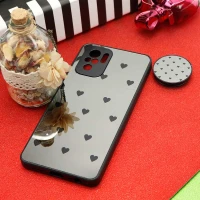 قاب محافظ لنزدار آینه ای + پاپ سوکت طرح قلب مشکی Xiaomi Redmi Note 10