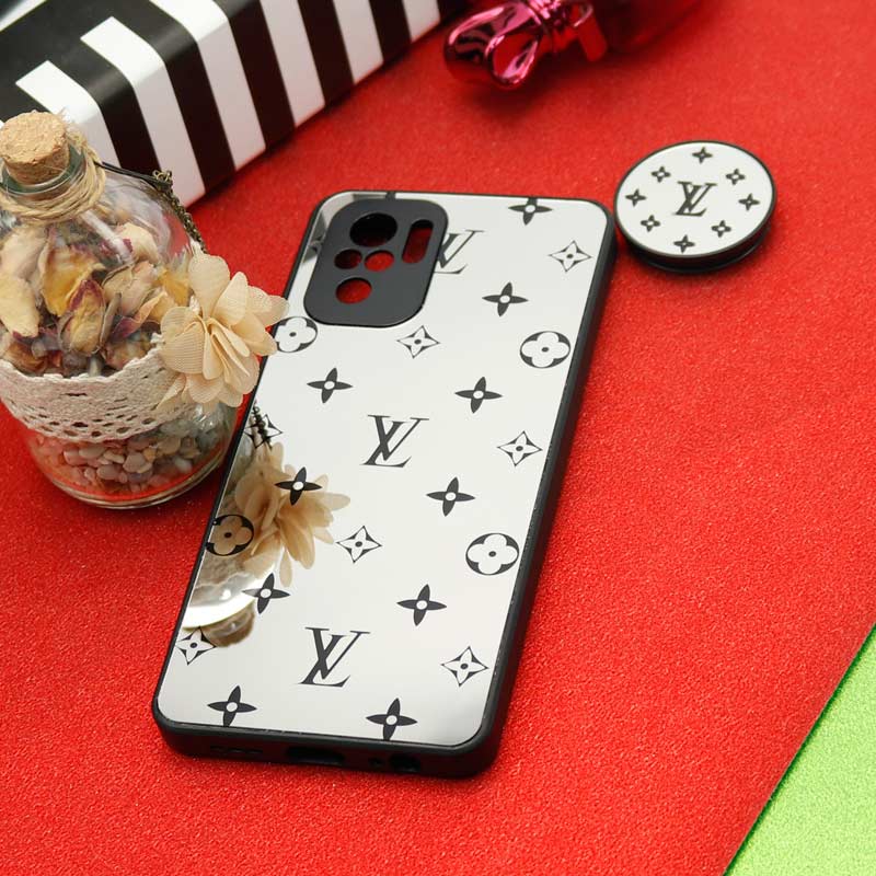 قاب محافظ لنزدار آینه ای + پاپ سوکت طرح LV مشکی Xiaomi Redmi Note 10