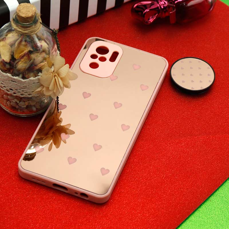قاب محافظ لنزدار آینه ای + پاپ سوکت طرح قلب صورتی Xiaomi Redmi Note 10
