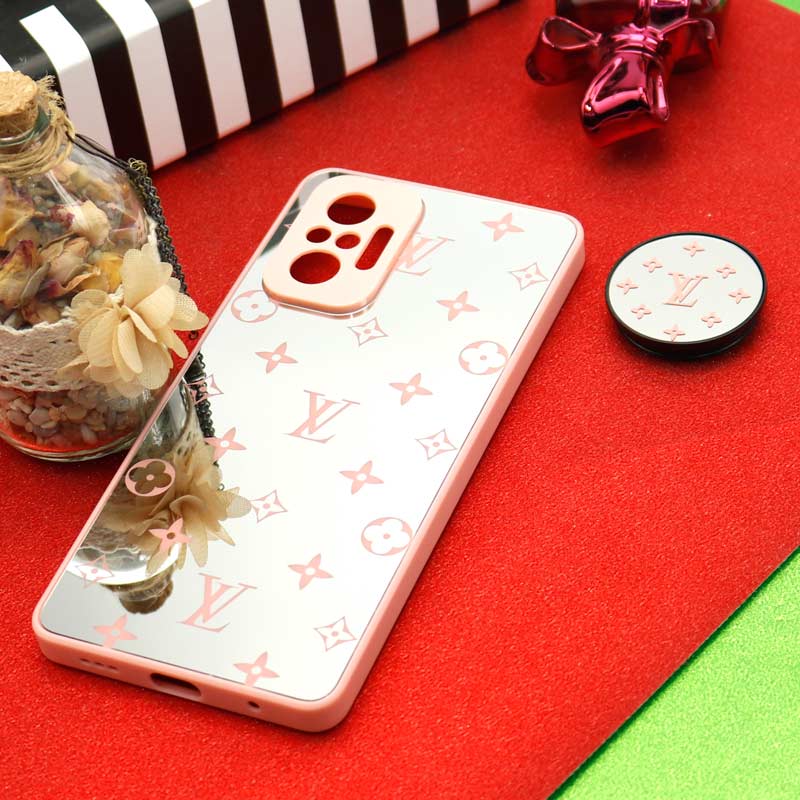قاب محافظ لنزدار آینه ای + پاپ سوکت طرح LV صورتی Xiaomi Redmi Note 10 Pro