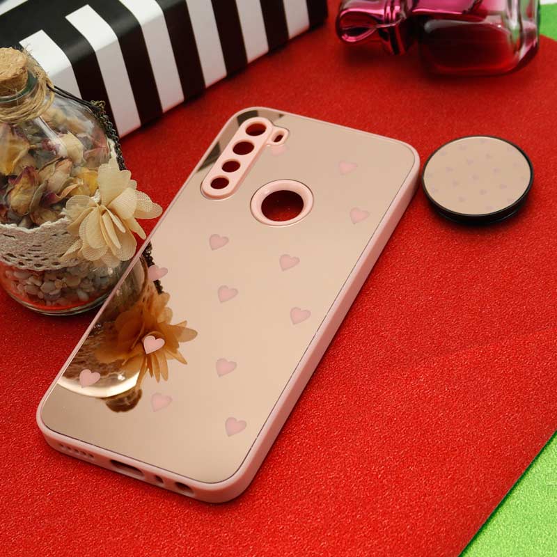 قاب محافظ لنزدار آینه ای + پاپ سوکت طرح قلب صورتی Xiaomi Redmi Note 8
