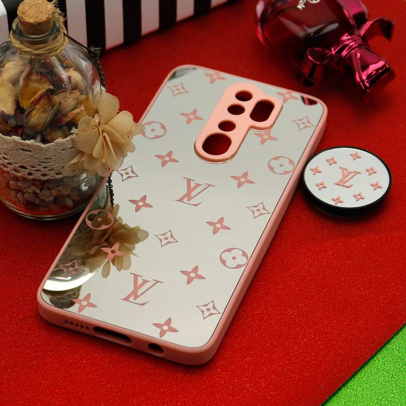 قاب محافظ لنزدار آینه ای + پاپ سوکت طرح LV صورتی Xiaomi Redmi Note 8 Pro