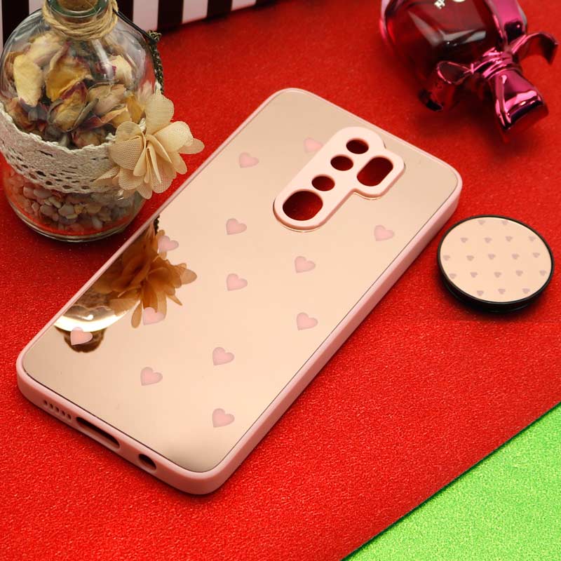 قاب محافظ لنزدار آینه ای + پاپ سوکت طرح قلب صورتی Xiaomi Redmi Note 8 Pro