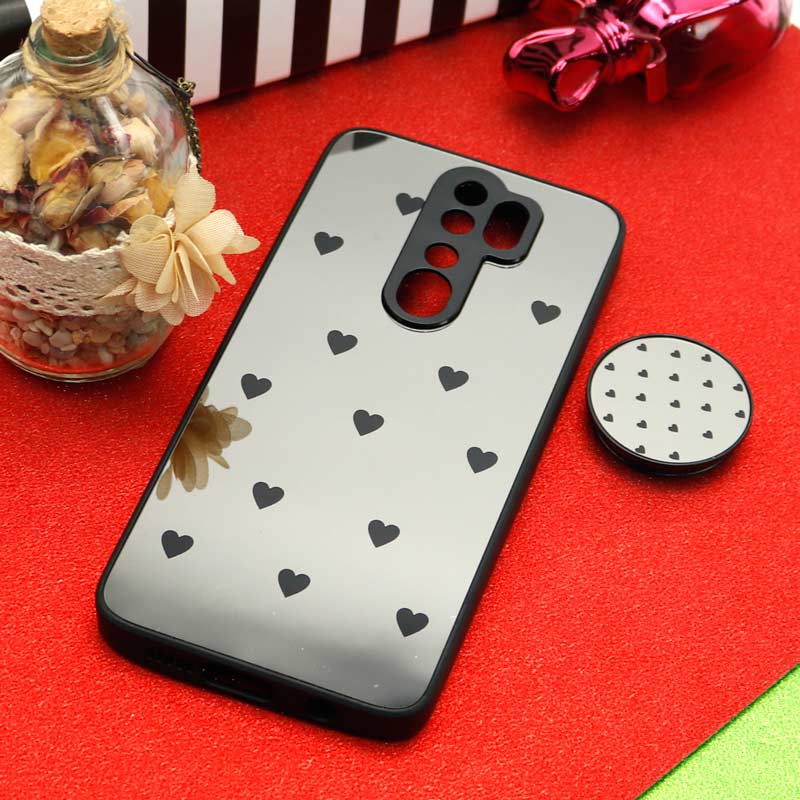 قاب محافظ لنزدار آینه ای + پاپ سوکت طرح قلب مشکی Xiaomi Redmi Note 8 Pro